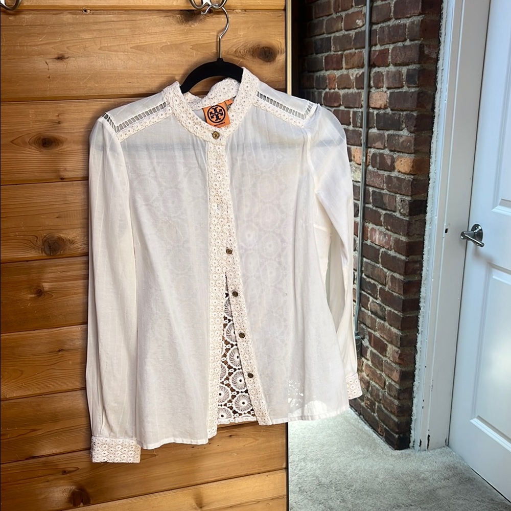 White Tory Burch Lace Button-Up Blouse